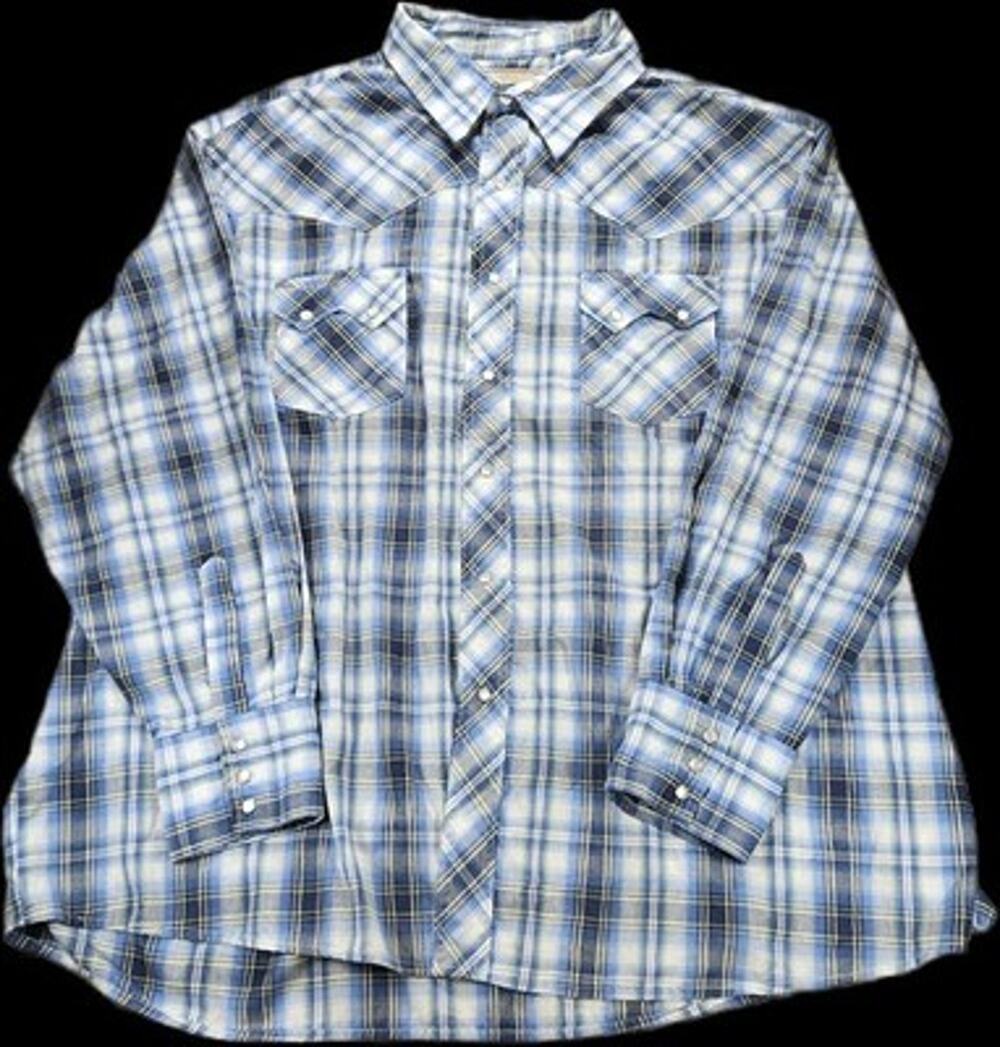 Wrangler Western Shirt Mens 3XL Blue Plaid Pearl Snap Long Sleeve Cowboy Work